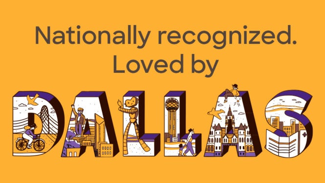 Colorful illustration reading ‘Nationally recognized. Loved by Dallas’ with city landmarks and people inside the word Dallas on an orange background.