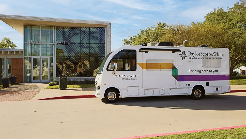 Baylor Scott & White mobile health unit outside the Juanita J. Craft Health & Wellness Center
